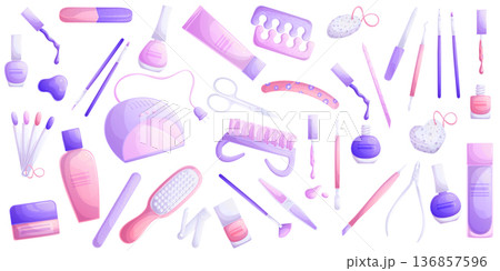 A set of manicure tools, nail file, nail polish, cream, UV lamp, brushes, The concept of beauty and nail design. Isolated vector illustration for the design banners, postcards, brochures, flyer 136857596