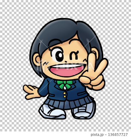 Super-deformed illustration of a smiling female student making a peace sign (SD character/chibi character) Super-deformed illustration of a smiling female student making a peace sign (SD character/chibi character) 136857727