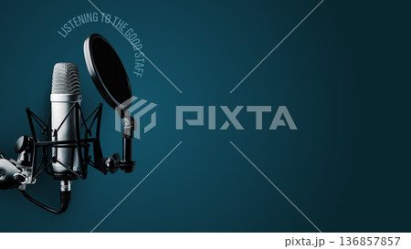Podcast recording setup with microphone and pop filter ready for use Podcast recording setup with microphone and pop filter ready for use 136857857