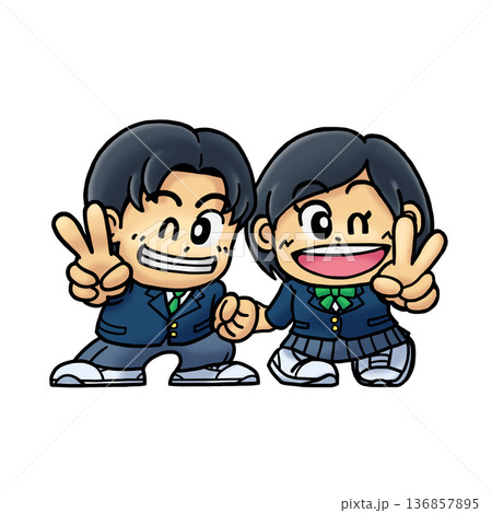 笑顔でピースサインをする男女学生のスーパーデフォルメイラストA（SDキャラ／ちびキャラ） 136857895