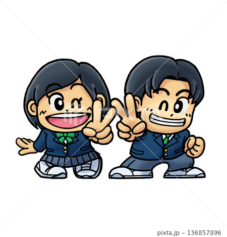 笑顔でピースサインをする男女学生のスーパーデフォルメイラストB(SDキャラ/ちびキャラ) 笑顔でピースサインをする男女学生のスーパーデフォルメイラストB(SDキャラ/ちびキャラ) 136857896