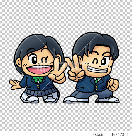 Super-deformed illustration B of smiling male and female students making peace signs (SD character/chibi character) 136857896