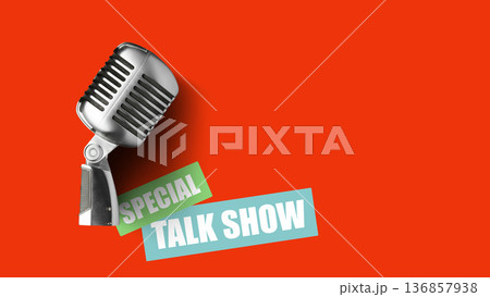 Podcast recording of a special talk show with a microphone and colored text in a bright setting Podcast recording of a special talk show with a microphone and colored text in a bright setting 136857938