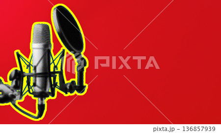 Podcast setup with microphone on red background ready for recording session Podcast setup with microphone on red background ready for recording session 136857939