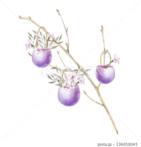 A bare branch of a tree decorated with eggshells with white flowers and green leaves in natural colors. Watercolor illustration on an isolated background. Festive realistic home decor clipart for A bare branch of a tree decorated with eggshells with white flowers and green leaves in natural colors. Watercolor illustration on an isolated background. Festive realistic home decor clipart for 136858043