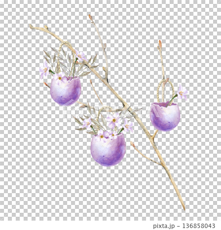 A bare branch of a tree decorated with eggshells with white flowers and green leaves in natural colors. Watercolor illustration on an isolated background. Festive realistic home decor clipart for 136858043