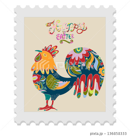 A spring stamp with Easter floral holiday motifs in a naive folk art style. Vector isolated element. A spring stamp with Easter floral holiday motifs in a naive folk art style. Vector isolated element. 136858333