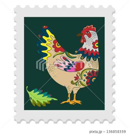 A spring stamp with Easter floral holiday motifs in a naive folk art style. Vector isolated element. A spring stamp with Easter floral holiday motifs in a naive folk art style. Vector isolated element. 136858339