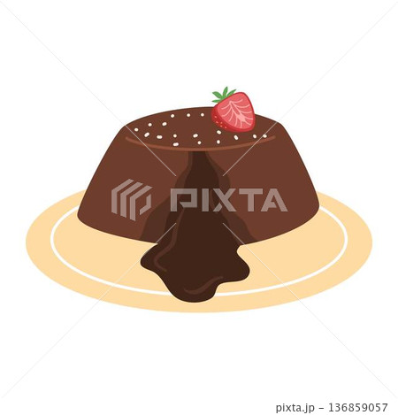 Chocolate fondant lava cake, Chocolate Lava Cake cartoon flat illustration on plate Chocolate fondant lava cake, Chocolate Lava Cake cartoon flat illustration on plate 136859057