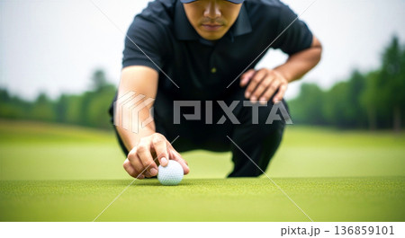 ゴルフ場でボールをセットする男性の手元 ゴルフ ライフスタイル スポーツ 集中 芝生 背景素材 136859101