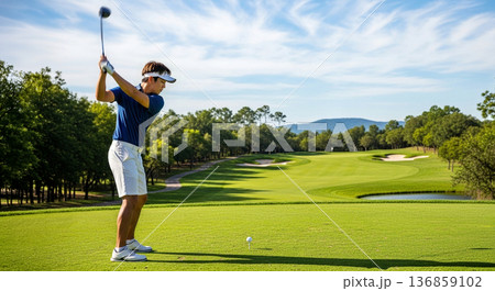 青空のゴルフ場でスイングする男性 爽快 スポーツ 休日 ライフスタイル 背景 136859102