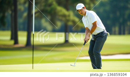 ゴルフ場でパッティングを行う男性の素材 グリーン 芝生 スポーツ ライフスタイル ビジネス 集中 136859104