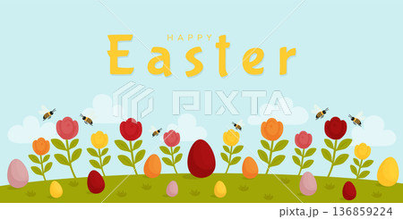 Happy Easter banner with eggs flowers and bees on spring meadow vector illustration. 136859224