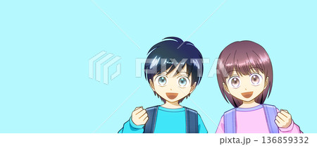 ランドセルを背負った小学生、男の子と女の子のアニメ風イラスト ランドセルを背負った小学生、男の子と女の子のアニメ風イラスト 136859332