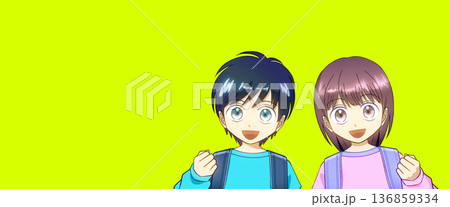 ランドセルを背負った小学生、男の子と女の子のアニメ風イラスト ランドセルを背負った小学生、男の子と女の子のアニメ風イラスト 136859334