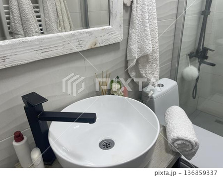 view on the sink in bathroom. top view 136859337