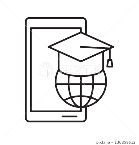 Online global education and e-learning icon. Graduation cap with globe and phone, mobile university concept. Vector illustration Online global education and e-learning icon. Graduation cap with globe and phone, mobile university concept. Vector illustration 136859612