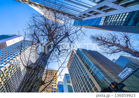 日本の東京都市景観2月21日。日本経済の憂鬱…「大手町駅前」交差点からオフィスビル群などを望む 136859923