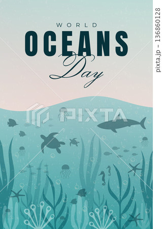 World Oceans Day poster with underwater wildlife silhouettes vector illustration. 136860128