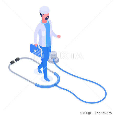 Isometric doctor with stethoscope. Hospital health care medical worker, pediatrician or therapist, doctor character flat vector illustration. Health care medical people isolated on white Isometric doctor with stethoscope. Hospital health care medical worker, pediatrician or therapist, doctor character flat vector illustration. Health care medical people isolated on white 136860279