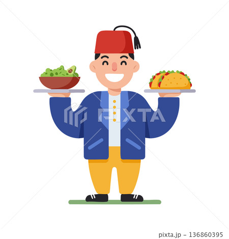 Man wearing traditional fez hat serving bowl of salad and plate of tacos vector illustration Man wearing traditional fez hat serving bowl of salad and plate of tacos vector illustration 136860395