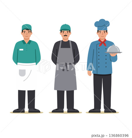 Chefs and cooks wearing professional kitchen uniforms in standing pose with serving tray and apron vector illustration Chefs and cooks wearing professional kitchen uniforms in standing pose with serving tray and apron vector illustration 136860396