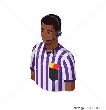 Referee wearing striped purple and white shirt with headset holding red and yellow cards in pocket vector illustration 136860399