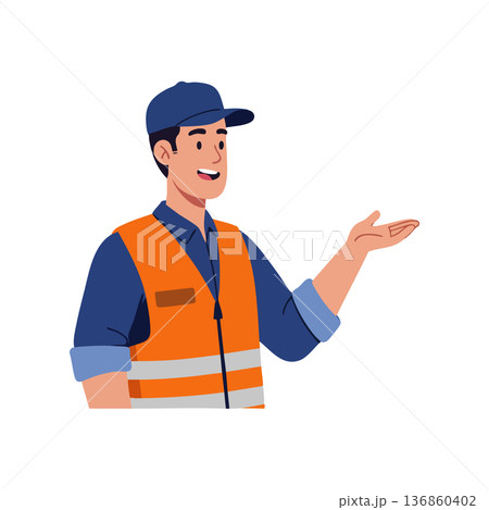Male construction worker in orange safety vest and blue cap explaining gesture vector illustration Male construction worker in orange safety vest and blue cap explaining gesture vector illustration 136860402