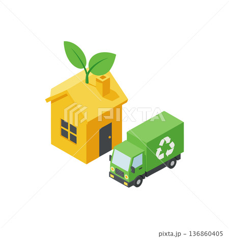 Eco friendly concept with green recycling truck and yellow house with leaf on chimney vector illustration Eco friendly concept with green recycling truck and yellow house with leaf on chimney vector illustration 136860405