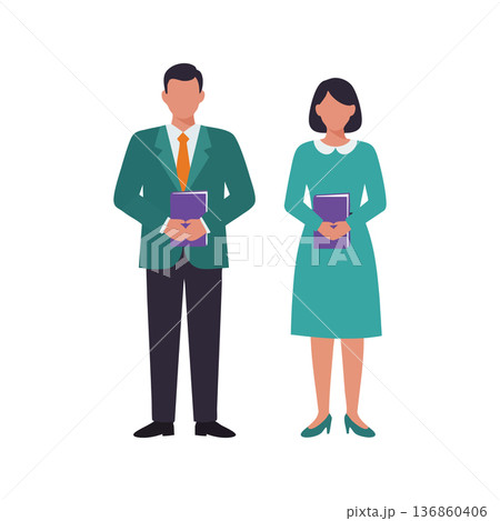 Businessman and businesswoman standing with books in formal attire professional office characters vector illustration Businessman and businesswoman standing with books in formal attire professional office characters vector illustration 136860406