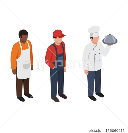 Diverse male workers in different uniforms including chef with cloche and manual laborer in orange outfit vector illustration 136860413