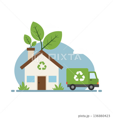 Eco Friendly House with Recycling Symbol and Green Truck Representing Environmental Sustainability and Waste Management Concepts 136860423