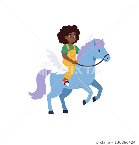 Child riding blue winged horse fantasy magical creature with wings vector illustration Child riding blue winged horse fantasy magical creature with wings vector illustration 136860424
