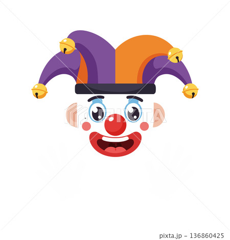 Jester clown face with purple and orange hat and bells smiling cheerful expression vector illustration Jester clown face with purple and orange hat and bells smiling cheerful expression vector illustration 136860425