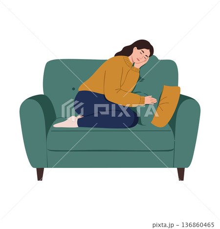 Woman resting peacefully on green sofa with mustard sweater and navy pants indoor relaxation scene vector illustration Woman resting peacefully on green sofa with mustard sweater and navy pants indoor relaxation scene vector illustration 136860465