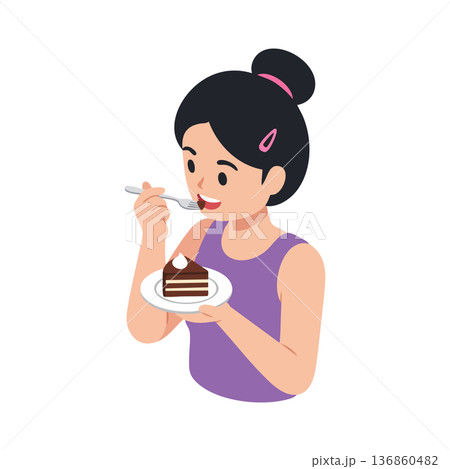 Girl eating chocolate cake with spoon enjoying dessert sweet moment vector illustration 136860482