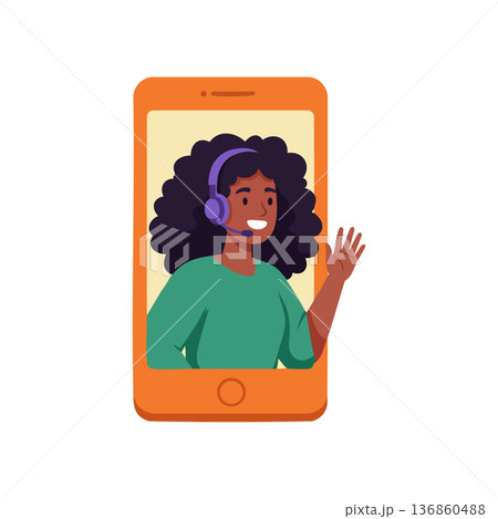 Woman with headset waving inside orange smartphone screen vector illustration of remote communication and online support 136860488