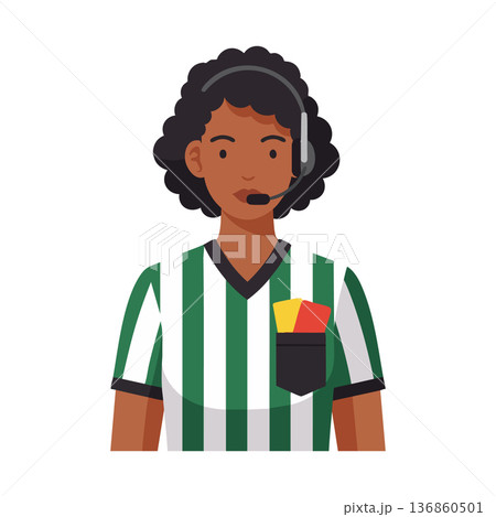 African American female soccer referee wearing headset and striped jersey with cards in pocket vector illustration 136860501