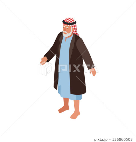 Middle Eastern elderly man traditional clothing barefoot vector illustration with long coat and red checkered headscarf Middle Eastern elderly man traditional clothing barefoot vector illustration with long coat and red checkered headscarf 136860505
