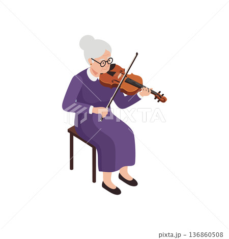 Elderly woman playing violin seated on chair in purple dress with white hair and glasses vector illustration Elderly woman playing violin seated on chair in purple dress with white hair and glasses vector illustration 136860508