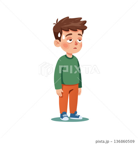 Tired young boy standing with sweat on face looking exhausted and sleepy in casual clothes vector illustration Tired young boy standing with sweat on face looking exhausted and sleepy in casual clothes vector illustration 136860509