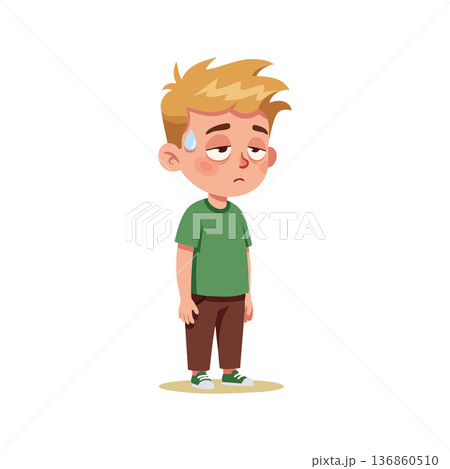 Tired young boy with sweat drop standing in green shirt and brown pants looking exhausted vector illustration Tired young boy with sweat drop standing in green shirt and brown pants looking exhausted vector illustration 136860510