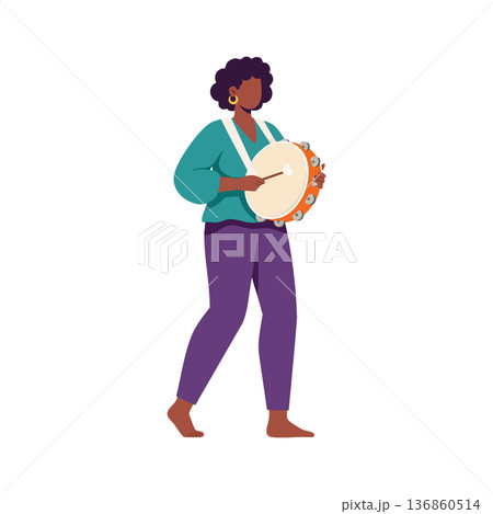 Woman playing tambourine barefoot purple pants teal blouse Afro hairstyle vector illustration Woman playing tambourine barefoot purple pants teal blouse Afro hairstyle vector illustration 136860514
