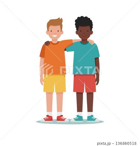 Two Boys Friendship Standing Together Smiling and Hugging with Casual Summer Clothes and Sneakers Vector Illustration 136860518