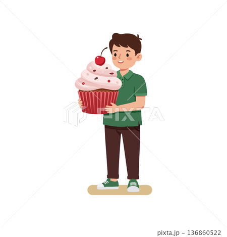 Boy holding giant cupcake with cherry on top smiling happily in green shirt and brown pants vector illustration 136860522