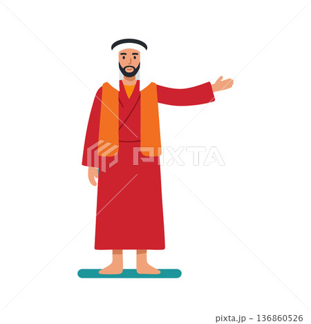 Middle Eastern man wearing traditional clothing with red robe and orange vest presenting gesture vector illustration Middle Eastern man wearing traditional clothing with red robe and orange vest presenting gesture vector illustration 136860526