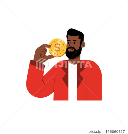 Man holding golden coin with dollar sign wearing red jacket vector illustration Man holding golden coin with dollar sign wearing red jacket vector illustration 136860527