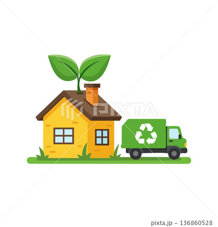 Eco friendly house with green leaves and recycling truck promoting sustainable environment and clean living concept vector illustration Eco friendly house with green leaves and recycling truck promoting sustainable environment and clean living concept vector illustration 136860528