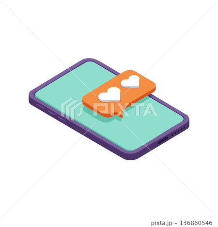 Smartphone with social media notification hearts icon in 3D isometric vector design for communication and digital interaction concepts Smartphone with social media notification hearts icon in 3D isometric vector design for communication and digital interaction concepts 136860546