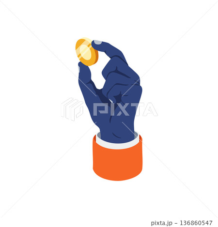 Hand holding gold bitcoin coin digital currency investment symbol with blue glove and orange sleeve vector illustration Hand holding gold bitcoin coin digital currency investment symbol with blue glove and orange sleeve vector illustration 136860547